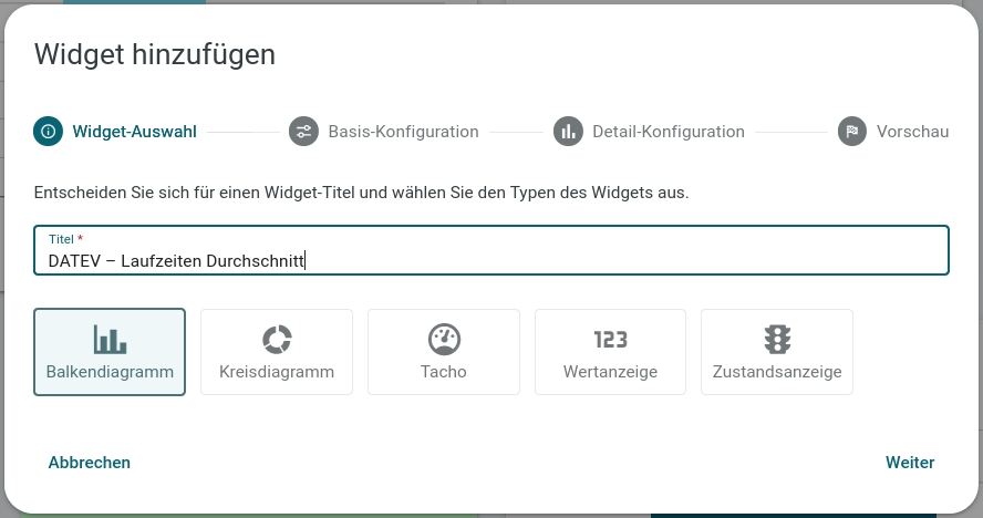 Screenshot des ersten Schrittes des Widget-Dialogs